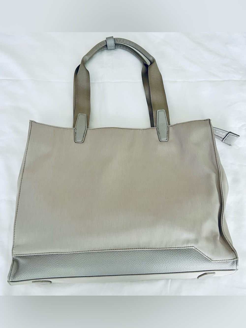 Open Story structured taupe work or travel tote bag with multiple compartments
